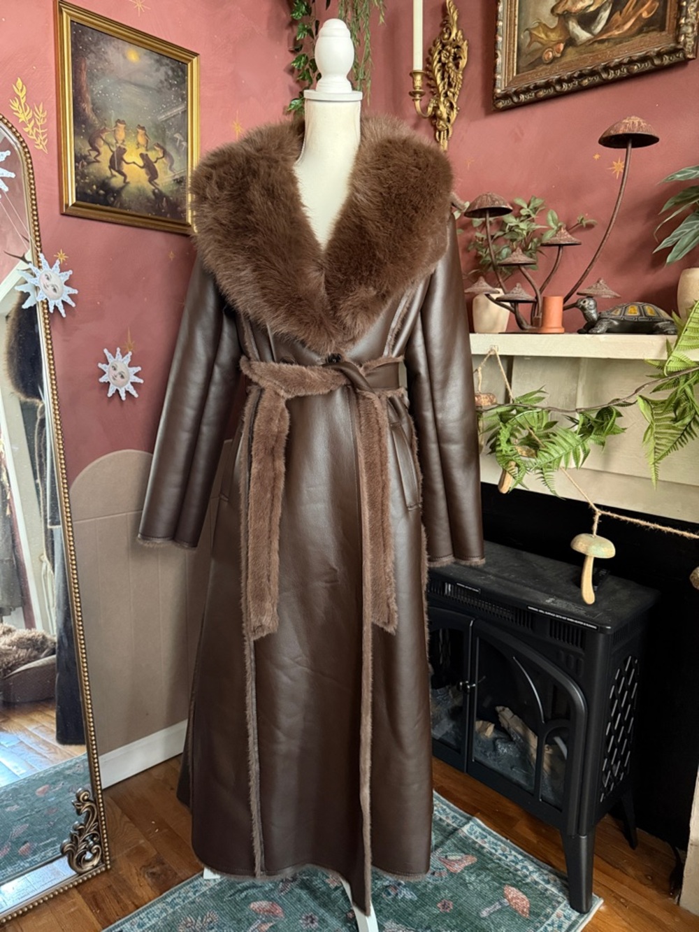 Long Brown Faux Shearling Coat with Faux fur accents
